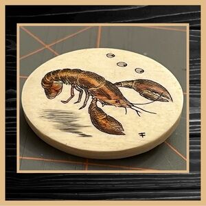 Vintage Lobster Scrimshaw-Style Brooch Signed Artisan Carved Nautical Pin